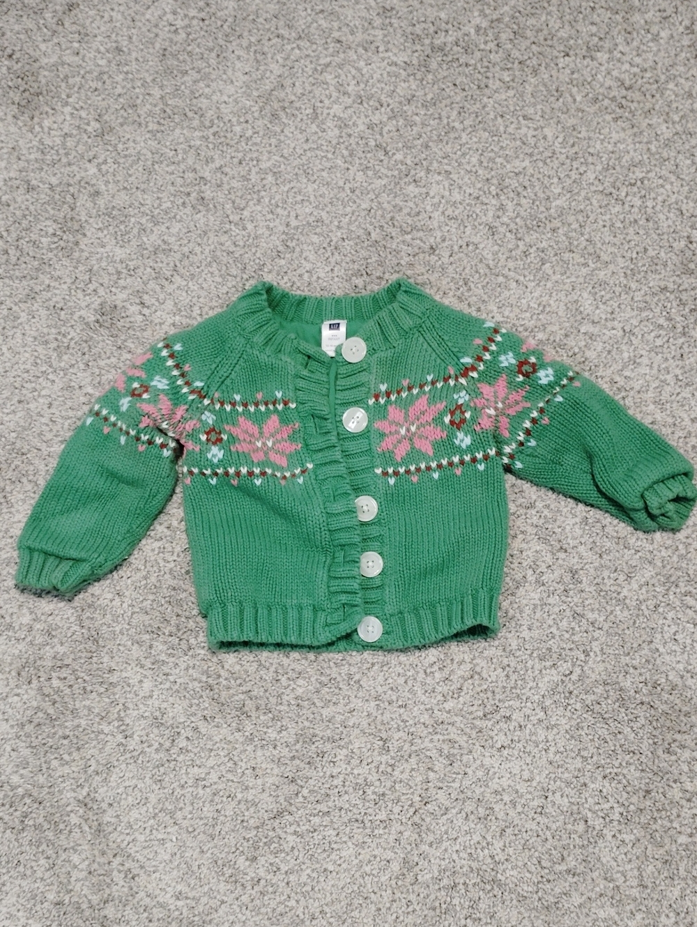GAP Green Knit Insulated Sweater with Pink Fair Isle Detail